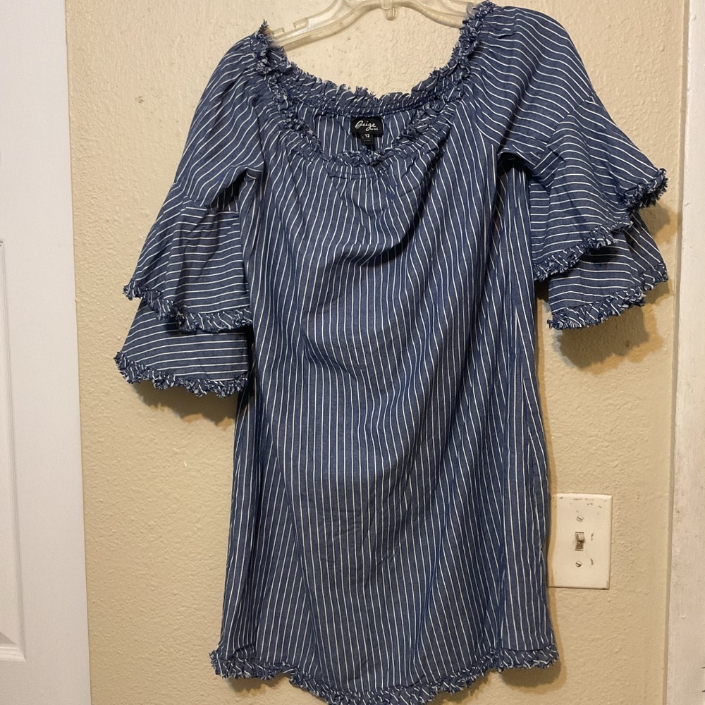 Blue Striped Ruffle Sleeve Blouse